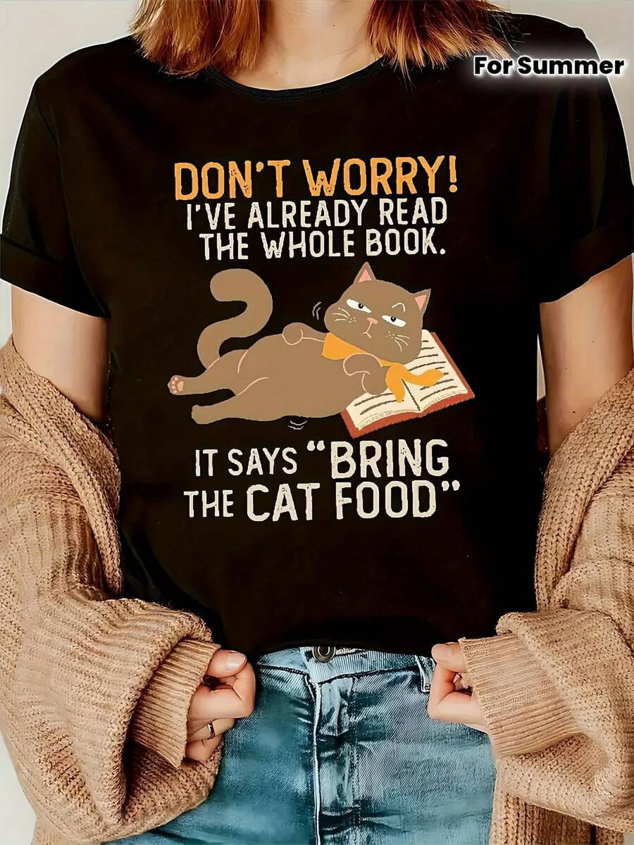 Women's Printed T-Shirt - Fun Cat And Book Design, Short Sleeve, Round Neck, Casual Style, Spring And Summer, Black And White Illustration, Lightweight Polyester Fabric, Perfect For Casual Wear, Cat T-Shirt - 黑色 - 查看 1