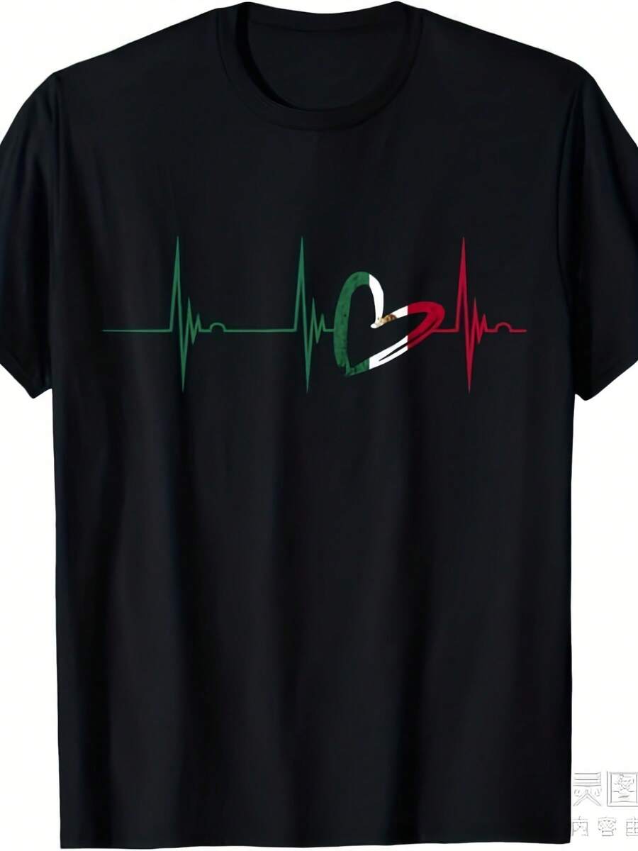 Heart Of Mexico T-Shirt, Mexican Flag, Heartbeat, EKG, Pulse, Mexican Roots. Same Style For Men And Women. Summer 2025 Short-Sleeve Printed T-Shirt, 100% Cotton, 220g, Patriotic Clothing, Summer Outfit, Vintage Design, Retro Style, Breathable Material, Durable. - 黑色 - 查看 1
