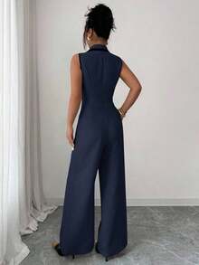 Traje de chaleco y pantalones con ribete de contraste elegante para mujer, todos los atuendos para mujer, de vuelta a la escuela, atuendos de maestra para mujer, vestido de invitada de boda elegante, casual de negocios para mujer, vestido de in - Azul marino 2 - Ver 2