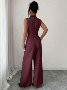 Traje de chaleco y pantalones con ribete de contraste elegante para mujer, todos los atuendos para mujer, de vuelta a la escuela, atuendos de maestra para mujer, vestido de invitada de boda elegante, casual de negocios para mujer, vestido de in - Burdeos - Ver 2