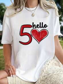 1 Piece Women's Casual T-Shirt With 1975 50th Anniversary Graphic Print, Short Sleeve, Round Neck, High Elasticity Polyester, Black With Red Heart Design, Retro Style For Summer And Y2K. - 白色 - 查看 10