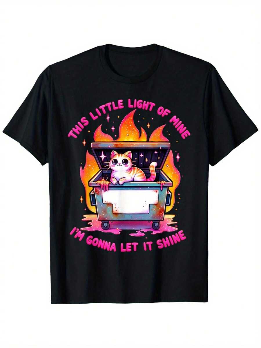 Funny This Little Light Of Mine Dumpster Fire T-Shirt - Casual Crew Neck Short Sleeve Firefighter Theme T-Shirt, 220g Heavyweight Orange And Black Firefighter Gift, Loose Fit All Season Clothing For Fire Department Parties And Casual Wear, Plus Size - 黑色 - 查看 1