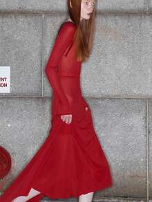 European And American Style Fitted Top With Hollow Lace Design - Red - View 3