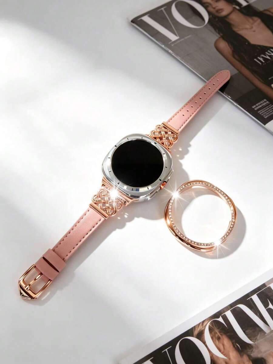 Galaxy Watch 8 錶帶 + 錶殼，幾何設計粉色皮革錶帶 + 1 個亮面錶殼（不含螢幕保護貼），相容 40mm/44mm Galaxy Watch 8，可調節替換錶帶配件，適合 4.6 至 6.7 英吋手腕，運動錶帶