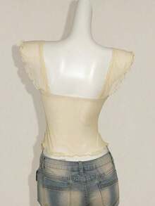 Top sin mangas con volantes, escote con pliegues, ajuste ceñido, parches de malla sexy, espalda con lazo, top casual de vacaciones - Beis - Ver 2
