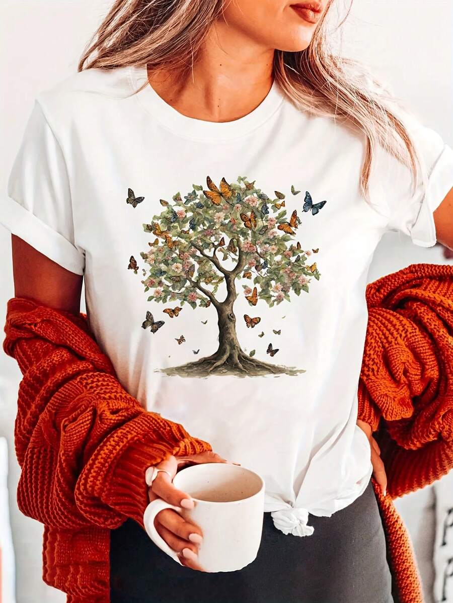 Camiseta suave 100% algodón con estampado de mariposas y letras, manga corta, cuello redondo, top casual para verano y primavera, ropa de mujer, camiseta de algodón transpirable, combina con todo, genial. - Blanco - Ver 1