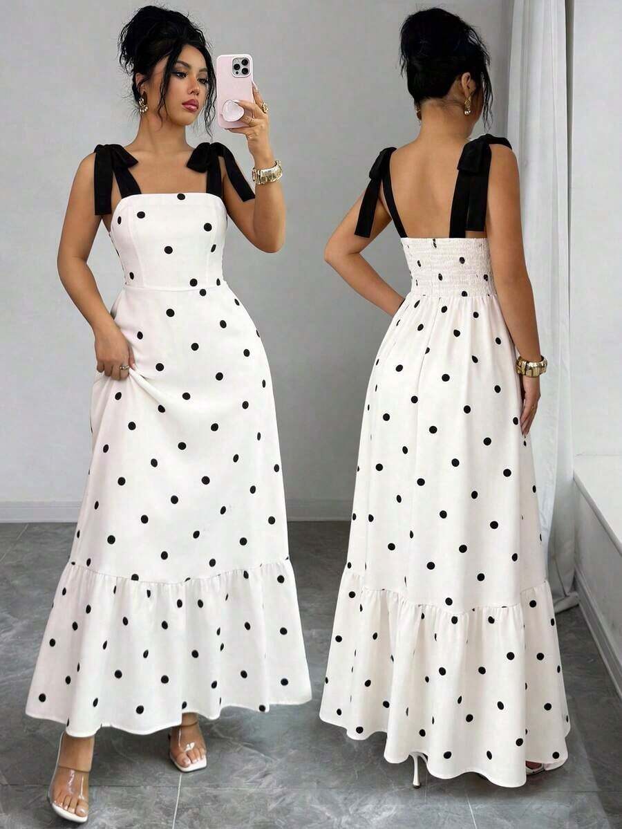 Vestido largo de verano con estampado vintage, hombros con cordones, corte en la cintura para vacaciones y playa para mujeres - Multicolor - Ver 1