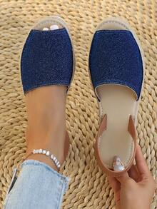 Giày sandal đế xuồng dệt kim đính sequin màu xanh hải quân dành cho nữ, hở mũi, có quai ngang mắt cá chân, kiểu dáng thường ngày, thích hợp đi biển, nghỉ mát hoặc đi làm. - Màu xanh lam - Xem 6