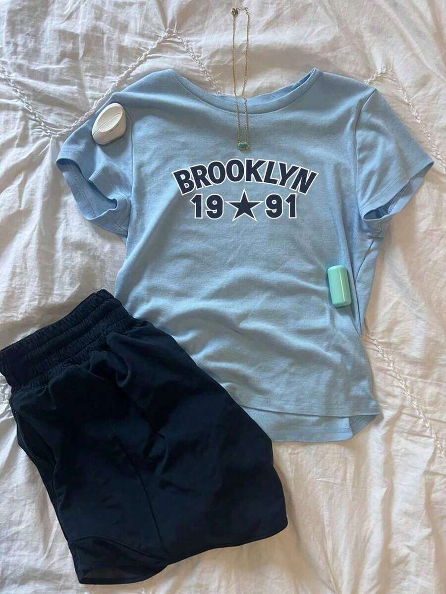 Camiseta deportiva casual para mujer, diseño de estampado de estrella y letra, color azul, numérico, nuevo verano, conjunto deportivo de ocio al aire libre, conjunto de vacaciones, vuelta al colegio, Día del Maestro - Multicolor 2 - Ver 1