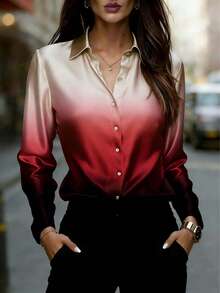 Women's Regular Sleeve Semi-Transparent Ombre Color Chiffon Shirt With Tie Collar, Long Sleeve Blouse - Burgundy - View 5