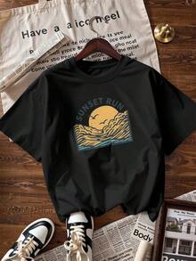 Short-Sleeve T-Shirt With Wave And Seagull Print, Fashionable Short-Sleeve T-Shirt For Spring And Summer 2026, Made In Mexico, 180 Grams. Cartoon Print, Couple Design, Suitable For Indoor Or Outdoor Wear. Crew Neck, Unisex, Ideal For Office And Leisure. One-Piece Pack. - BK-P631577SLNDXZGY421 - 查看 4