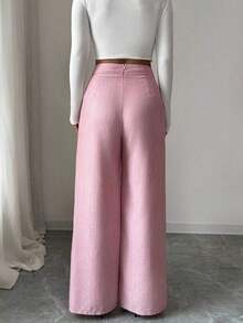 Pantalones rectos sueltos y fluidos, esenciales para Acción de Gracias y Halloween, de diseño elegante con hebilla y superposición delantera, de tela de bambú, para uso profesional y casual como uniforme de maestro - Rosa - Ver 2