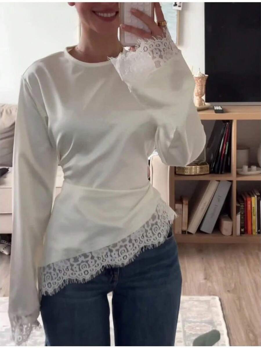 Nouveau T-shirt à manches longues avec patchwork en dentelle, convient pour les rendez-vous, les vacances et le port quotidien au printemps/été - Beige - Voir 1
