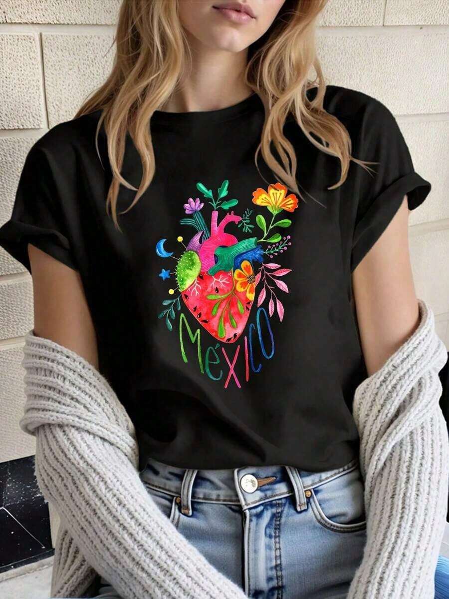 Gift: Soft Cotton T-Shirt For Plus-Size Women With Colorful Mexican Heart Print, Travel Lover Gift, Valentine's Day Outfit, Summer Dresses, Casual, Perfect For All Seasons, S M L XL - Ideal For Summer. - 黑色 - 查看 1