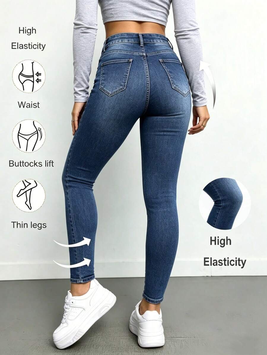 Pantalones vaqueros ajustados informales para mujer con bolsillos - Azul lavado oscuro - Ver 1