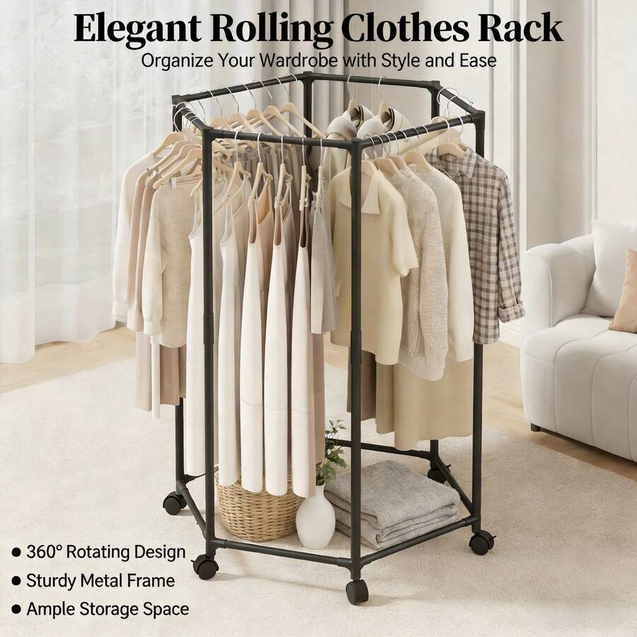 Elegant 360° Rotating Rolling Clothes Rack, Minimalist Home Wardrobe Organizer - Black - View 1