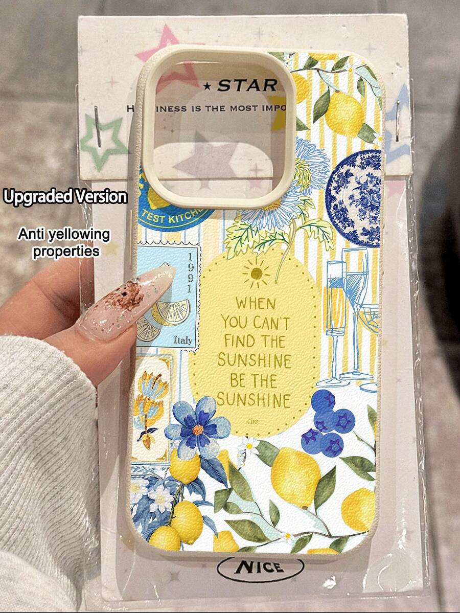 1pc Fashionable Lemon Striped Wine Glass Pattern Litchi Texture Anti-Drop Anti-Slip Soft Phone Case Compatible With Apple, Phones - Multicolor - View 1