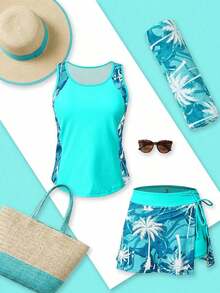 Swim Lushoire Conjunto de traje de baño con estampado que disimula y es favorecedora para mujeres de vacaciones en la playa - Agua verde azul - Ver 3