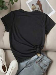 1 Piece Regular Fit Casual Short Sleeve T-Shirt For Women, Minimalist Urban Style, Basic Chic, American Street Fashion Aesthetic, Extremely Clean Typographic Graphic Print, Elegant City Text "LOS ANGELES", Capital Letters, Modern Sans Serif Font, Wide Spacing, Balanced Visual Aesthetic, Versatile, Contemporary, Classic Crew Neck. Direct Shipping From Our Local Warehouse, Couples' Style, Ideal For Wearing As A Couple. - 黑色 - 查看 2