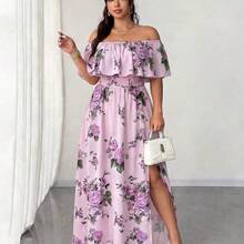 Elenzya Plus Size Women's Spring/Summer New Arrival Floral Print Dress, Off Shoulder Ruffle Romantic Sexy Waist Pleated Maxi Dress, Suitable For Romantic Vacation, Dates, Travel, Urban Outings, Music Festivals, And Romantic Occasions - Multicolor - Ver 5