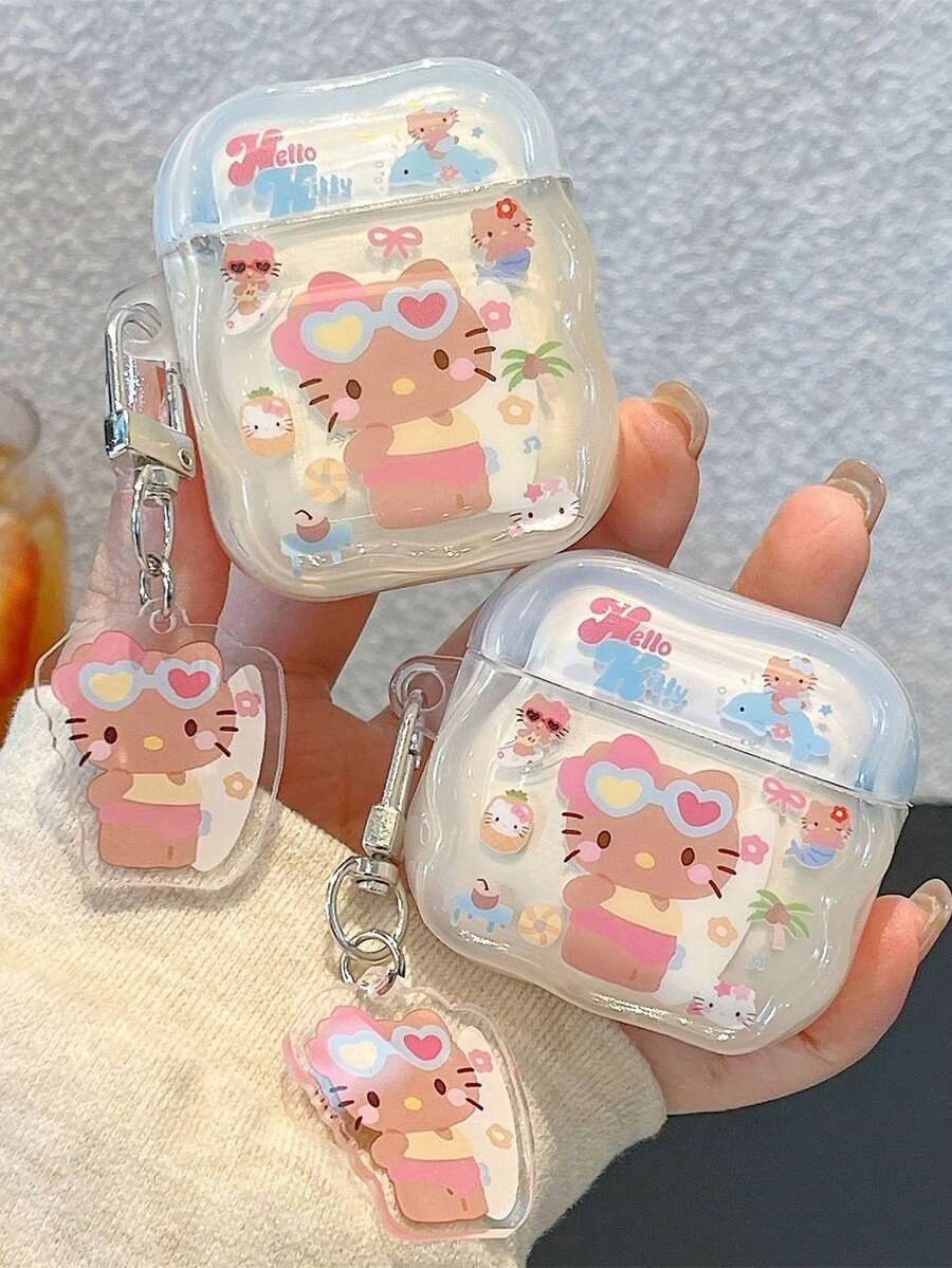 SANRIO Bao đựng tai nghe Hello Kitty bằng da đen kiểu Nhật Bản, viền lượn sóng, phong cách nghỉ hè, phù hợp với thế hệ 1/2/3 Pro - Bao bảo vệ trong suốt chống rơi vỡ. - Nhiều màu - Xem 1