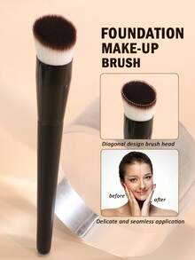 Large Bevel Foundation Make-Up Brush, Compact, Soft And Fluffy Makeup Brush, Suitable For Liquid Foundation And Foundation Make-Up Paste Application On The Face, Highlight Mixing, Concealer And Outline Of The Face, Solid Wood Handle, Portable Makeup Tools, Suitable For Family, Travel And Beginners - Black - View 2