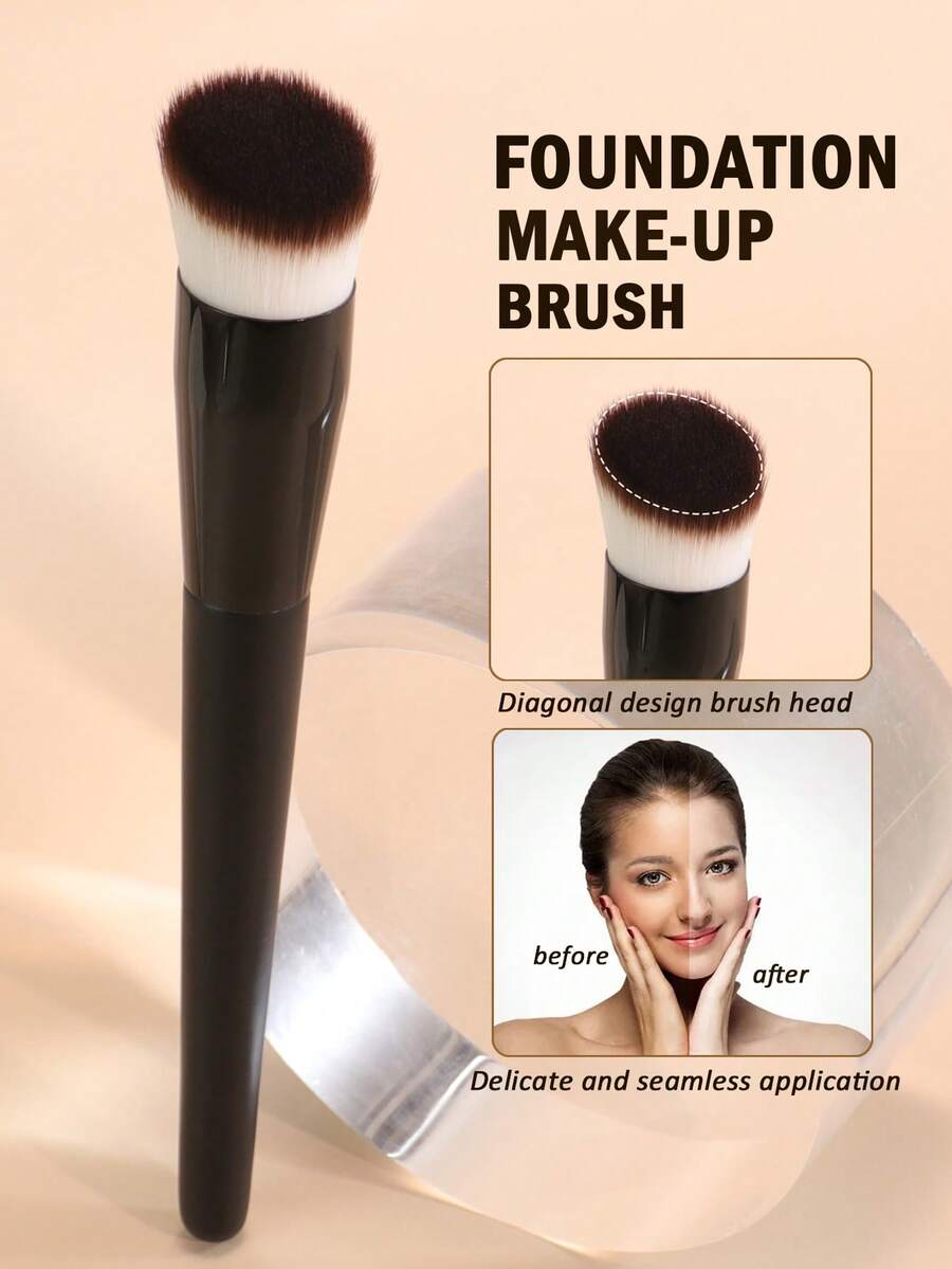 Large Bevel Foundation Make-Up Brush, Compact, Soft And Fluffy Makeup Brush, Suitable For Liquid Foundation And Foundation Make-Up Paste Application On The Face, Highlight Mixing, Concealer And Outline Of The Face, Solid Wood Handle, Portable Makeup Tools, Suitable For Family, Travel And Beginners