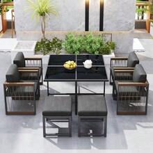 7-Piece Outdoor Table And Chair Set For 6 People, Tempered Glass Table, Plastic And Wood Handrails, Ideal For Meals In The Backyard Or Garden. - 黑色 - 查看 12