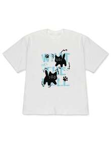 Camiseta holgada de mujer para primavera/verano 2026, la más vendida, con hombros descubiertos, estampado de letras con efecto de tinta salpicada y un pequeño gato negro, estilo dulce y moderno, agradable al tacto y lavable, perfecta para jóvenes que marcan en el estilo urbano. - Blanco1 - Ver 2