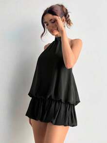 casual de verano para mujer con cuello halter, unicolor y volantes en el bajo - Negro - Ver 4