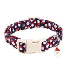 Adjustable Skin-Friendly Polyester Webbing Dog Collar, Navy Blue Background With Cute Cartoon Santa Claus Christmas Print And Matching Santa Claus Charm, Multiple Sizes For Small, Medium And Large Dogs, Practical Quick-Release Plastic Buckle And Silver Metal D-Ring, Convenient For Indoor And Outdoor Daily Wear, Harmonious And Beautiful Holiday Color Combination - Navy Blue - View 7