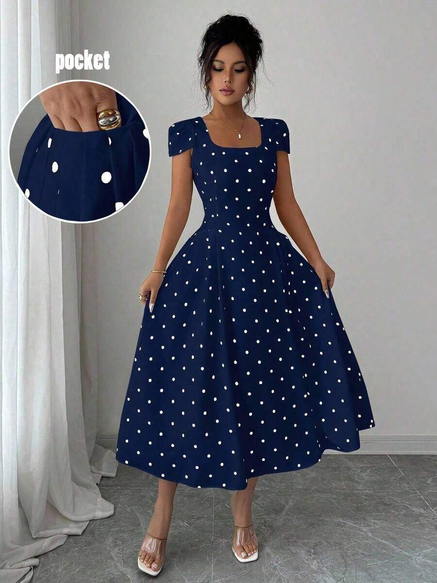 Vestido largo con cuello cuadrado, mangas cortas, cintura fruncida y estampado de lunares elegante para mujer - Azul marino - Ver 1