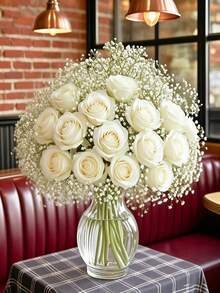 30 bông hồng trắng kết hợp hoa baby's breath trang trí, phong cách đồng quê, thích hợp cho phòng khách, phòng ngủ hoặc bàn ăn, tuyệt vời cho các sự kiện, tiệc tùng, ngày lễ, bệ cửa sổ, phông nền chụp ảnh, kỷ niệm, mùa cưới và quà tặng ngày lễ. - trắng - Xem 8