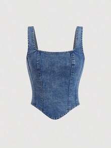 Blusa de jean sin mangas con cuello cuadrado y bajo asimétrico para mujer - Azul lavado medio - Ver 1