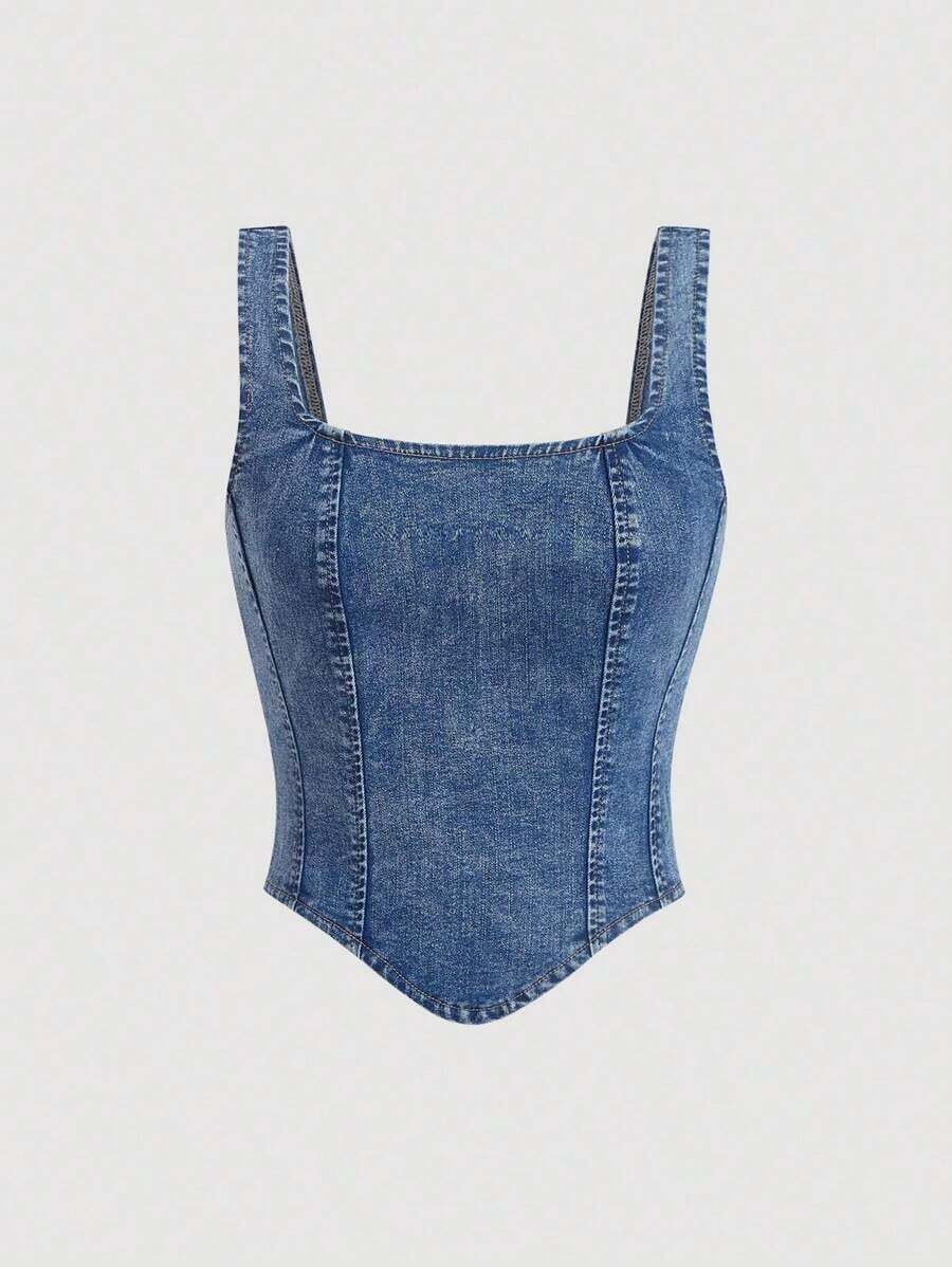 Blusa de jean sin mangas con cuello cuadrado y bajo asimétrico para mujer - Azul lavado medio - Ver 1
