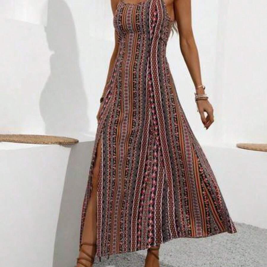 Vintage Style Women's Printed Spaghetti Strap Dress With High Side Slit Maxi Vacation Beach Outfit - Amarillo - Ver 1