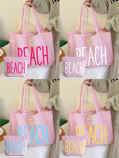 Retro Style Pink And White Striped Canvas Handbag, Women'S Large Capacity Striped Beach Tote Bag, Travel Beach Bag And Shopping Fashionable Shoulder Bag, Foldable Canvas Shoulder Handbag, Waterproof Sandproof Travel Bag For Summer Essentials, Ideal For Beach Trips, Pool Days, Shopping & Daily Use, For Women, Travelers & Beach Lovers, Perfect For Spring Break, Easter, Teacher'S Day, Vacations