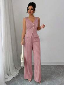 Elenzya Nuevo conjunto de traje formal de mujer a rayas azul marino y blanco, diseño de cintura ceñida y línea A, elegante chaleco sin mangas a rayas para el viaje diario, estilo callejero francés vintage para negocios. Adecuado para verano, Día de la Independencia, graduación y temporada de vuelta al colegio. El atuendo de otoño para mujer presenta decoración de botones metálicos, sofisticado y elegante, adecuado para la oficina, el viaje, el estilo callejero, lo francés romántico, lo casual, lo vintage de Oriente Medio, el té de la tarde, las fiestas, Acción de Gracias y la primavera/verano. - Rosa - Ver 5