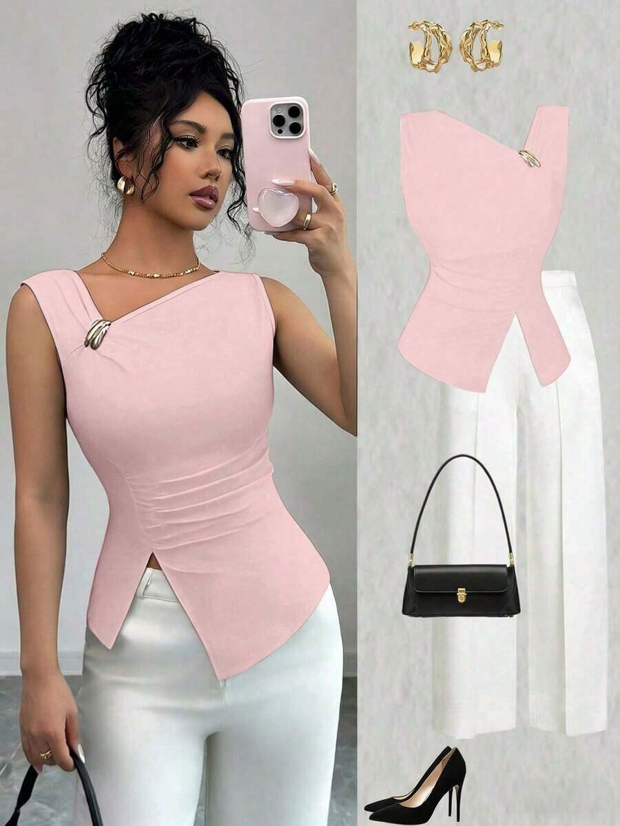 Top sin mangas de unicolor y estilo minimalista para mujer, para uso diario - Rosa - Ver 1