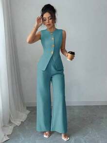 Traje casual/de trabajo elegante de mujer con decoración de botones florales - Verde 2 - Ver 5