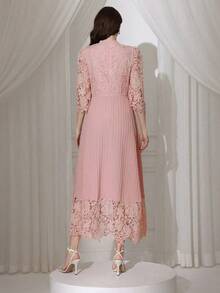 Vestido largo de manga larga con parches de bordado de ojal amarillo para mujeres - Rosa - Ver 4