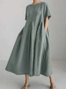 Vestido de lino suelto, casual, elegante y cómodo para mujer.Vestido largo suelto de manga corta, con bolsillo, cuello redondo y unicolor.Ajuste relajado para el verano - verde menta - Ver 1