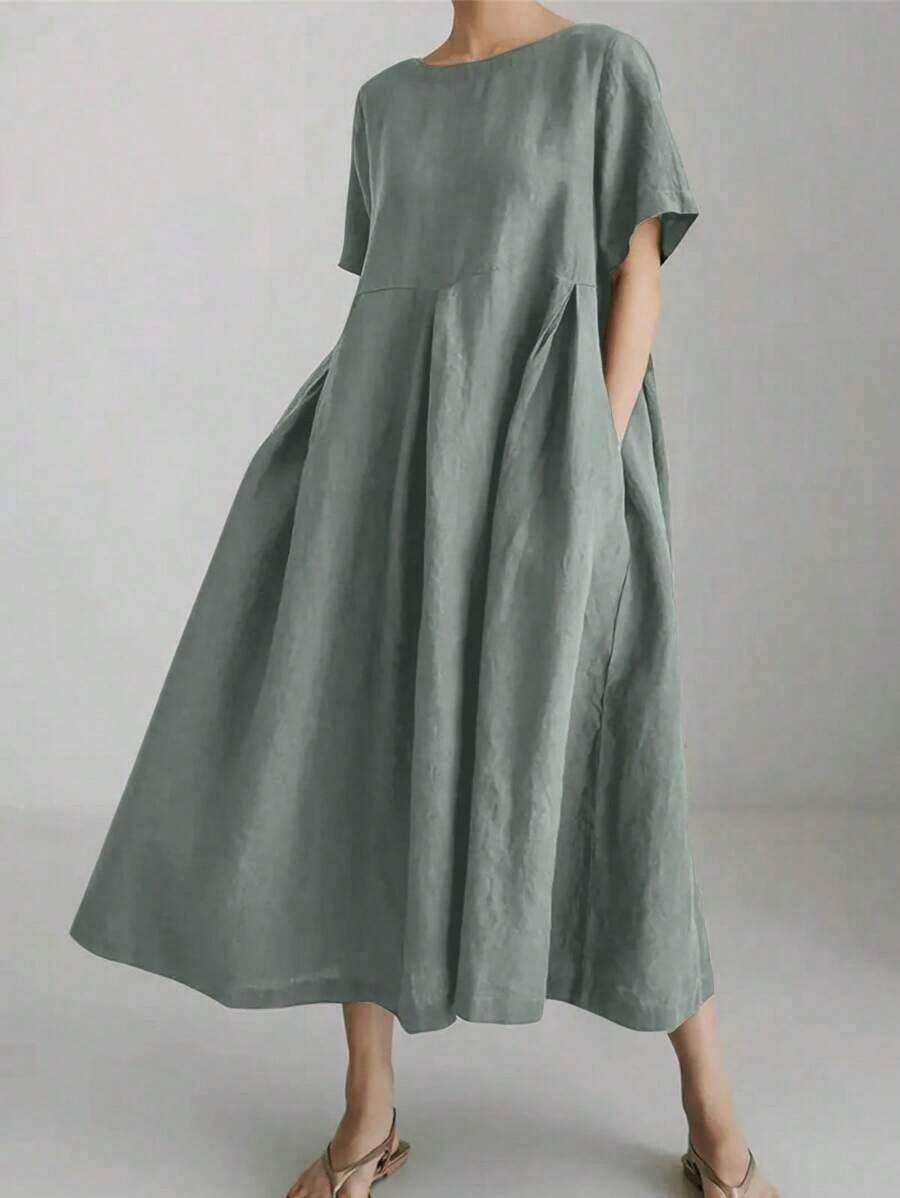 Vestido de lino suelto, casual, elegante y cómodo para mujer.Vestido largo suelto de manga corta, con bolsillo, cuello redondo y unicolor.Ajuste relajado para el verano - verde menta - Ver 1