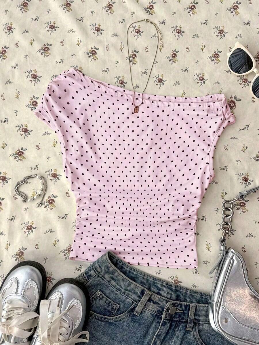 Blusa corta asimétrica fruncida para mujer - Rosa - Ver 1