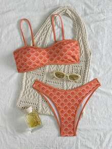 Set de 2 piezas Bikini bandeau con estampado floral rosa para mujer, con tirantes desmontables adecuado para vacaciones en la isla y sesiones de fotos en la playa en verano - Multicolor 3 - Ver 9