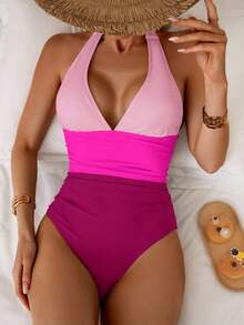 Traje de baño de una pieza con control de abdomen, estilo minimalista de unicolor, con escote halter y espalda descubierta, para vacaciones de verano en la playa - Multicolor 7 - Ver 5