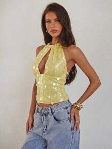 Nuevo camisol de tirantes finos con espalda descubierta y lentejuelas rosas para mujer, elegante y sexy, ideal para el Día de San Valentín, fiestas y viajes - Amarillo - Ver 3