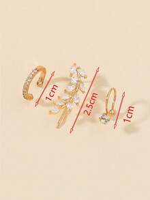 Bộ 3 khuyên tai kẹp hình lá | Khuyên tai đính đá Cubic Zirconia kiểu leo cho nữ, trang sức thanh lịch - Vàng - Xem 3