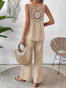 Conjunto de top sin mangas y pantalones de pierna ancha con parte posterior de malla de encaje para mujer, color albaricoque, para primavera/verano - Albaricoque - Ver 2