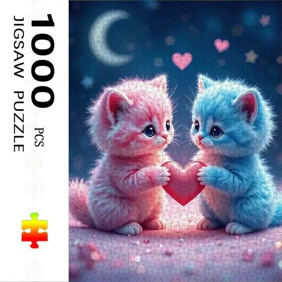 1000 قطعة لغز للكبار - موضوع قطتان جميلتان، ألوان زاهية، ديكور فني مستطيل محمول، هدية DIY بدون إطار مناسبة لعيد الميلاد والكريسماس وعيد الشكر والعيد الفصحي وغيرها من المناسبات، تصميم مشهد ديناميكي، ديكور فني